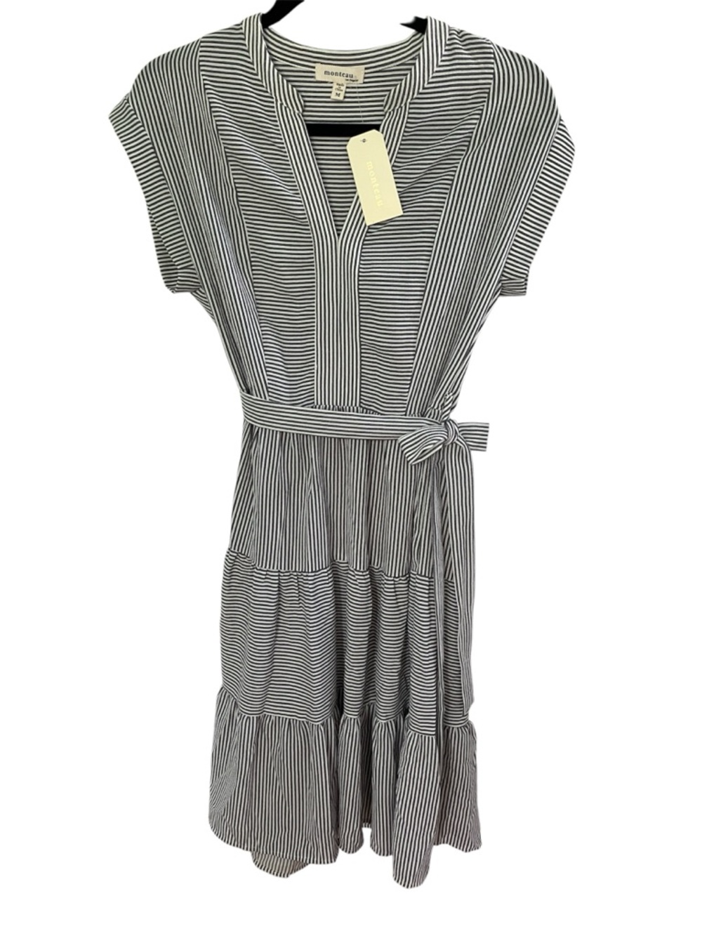 Monteau Gray and White Striped Tiered Dress with Belt